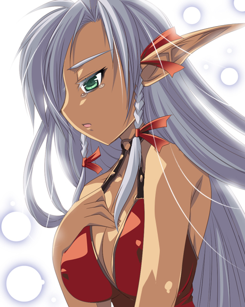 1girl braid breasts cleavage dark-skinned_female dark_skin female_focus green_eyes large_breasts marlene pointy_ears solo tajima_yoshikazu tears
