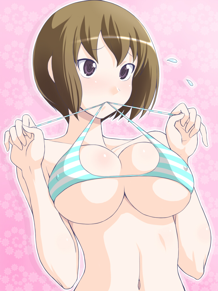 10s 1girl bikini bikini_in_mouth bikini_pull bikini_top_lift blush breast_suppress breasts brown_hair clothes_in_mouth clothes_lift clothes_pull collarbone covered_erect_nipples devil_survivor_(series) devil_survivor_2 female_focus large_breasts lifting_own_clothes mouth_hold navel nitta_io pink_background purple_eyes short_hair solo sweat swimsuit underboob untying upper_body yaso_shigeru