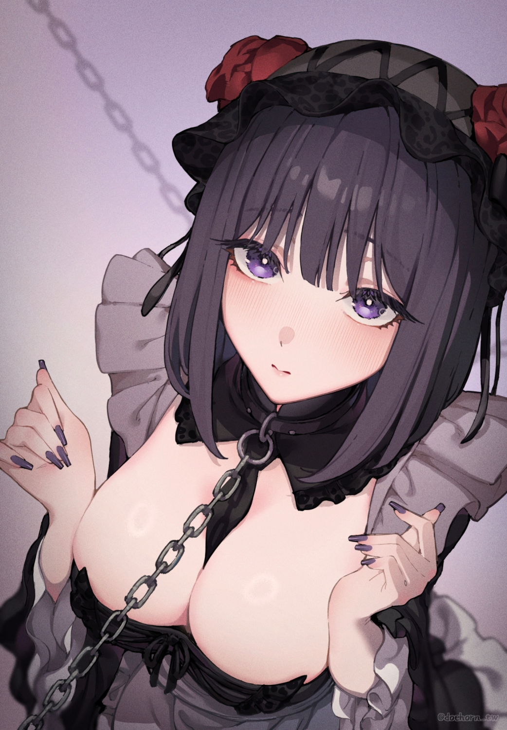 1girl apron bdsm between_breasts black_collar black_hair breasts chain chained cleavage closed_mouth collar doehorn flower frills hair_flower hair_ornament hairband hands_up highres kitagawa_marin kuroe_shizuku large_breasts leash maid_apron medium_hair purple_eyes purple_nails slave solo sono_bisque_doll_wa_koi_wo_suru upper_body