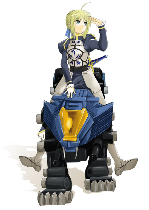 00s ahoge armor artoria_pendragon_(fate) crossover fate/stay_night fate_(series) morisoban riding saber_(fate) shield_liger solo zoids