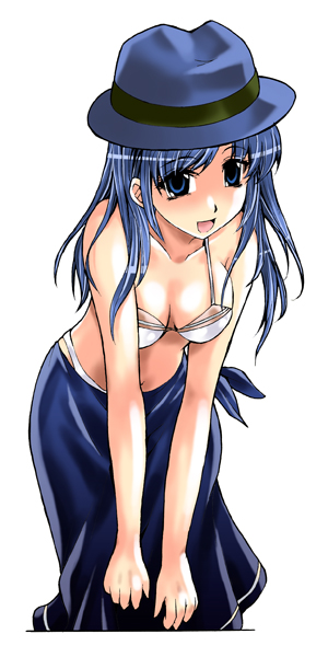 1girl :d bare_arms bare_shoulders bikini blue_eyes blue_hair blue_hat blue_sarong breasts cleavage collarbone fedora hat kagehi_no_loo long_hair lorna mabinogi medium_breasts navel open_mouth sarong smile solo swimsuit white_bikini