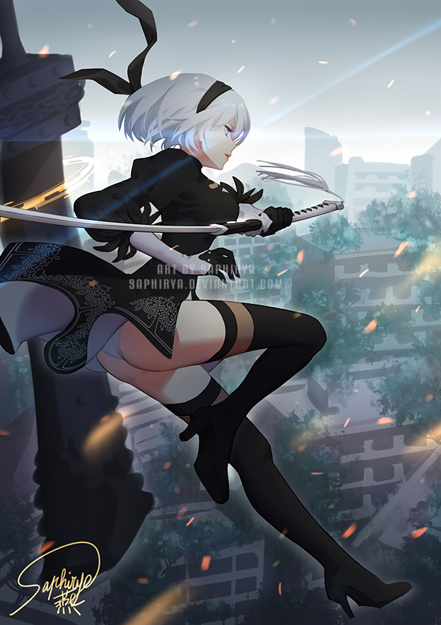 1girl 2b_(nier:automata) artist_name ass black_boots black_dress black_gloves black_hairband black_ribbon black_thighhighs blindfold blue_eyes bob_cut boots breasts broadsword brown_thighhighs building chain city cleavage_cutout closed_mouth clothing_cutout day deviantart_username dress feather-trimmed_sleeves feather_trim female_focus from_below from_side full_body gloves greatsword hairband hands_up high_heel_boots high_heels holding holding_sword holding_weapon huge_weapon juliet_sleeves katana leg_up long_sleeves medium_breasts midair nier:automata nier_(series) outdoors overgrown panties pantyshot patterned_clothing pink_lips post-apocalypse print_dress profile puffy_sleeves ribbon ruins saphirya short_dress short_hair side_slit signature silver_hair sky solo standing sword tassel thigh_boots thighhighs thighhighs_under_boots turtleneck underwear unworn_blindfold upskirt vambraces watermark weapon weapon_on_back web_address white_panties wind wind_lift