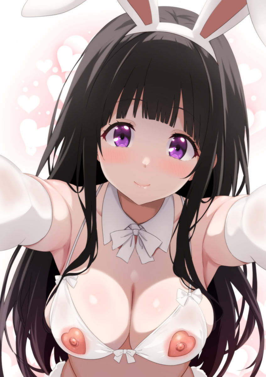 1girl animal_ear_hairband animal_ears black_hair blush bow bow_bra bowtie bra breasts chitanda_eru cleavage closed_mouth collar detached_collar elbow_gloves fake_animal_ears gloves hairband heart highres hyouka large_breasts long_hair looking_at_viewer nipple_cutout nipples pink_eyes rabbit_ear_hairband rabbit_ears smile solo underwear white_background white_bow white_bowtie white_bra white_collar white_gloves white_hairband yokoyama_kouji