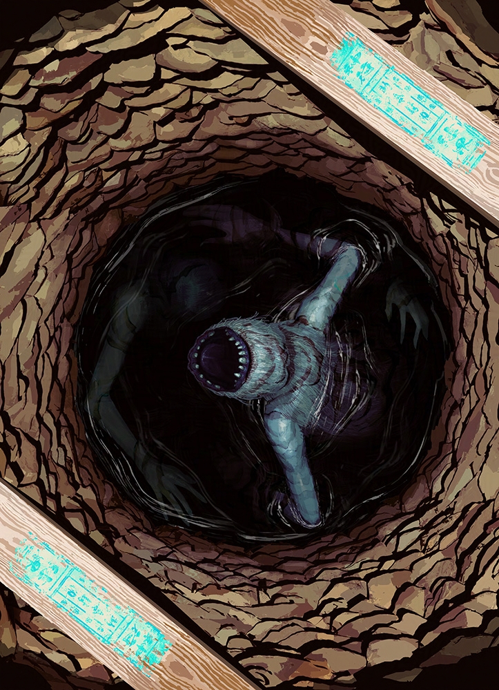body_fur commentary_request horror_(theme) monster monster_focus no_eyes open_mouth original partially_submerged sharp_teeth teeth toy(e) underwater water well