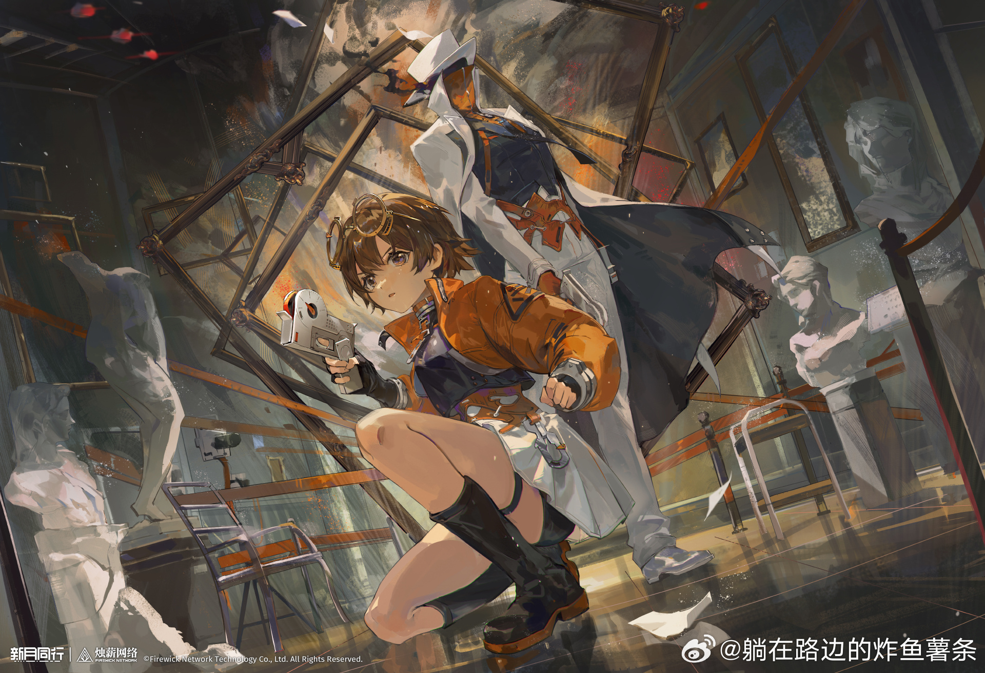 1girl 1other :o art_gallery black_footwear black_shirt black_shorts boots brown_hair chair coat copyright_name copyright_notice dutch_angle eyewear_on_head full_body glasses group_leader_(xinyue_tongxing) gun handgun hat highres holding holding_gun holding_weapon indoors jacket liyuliyuzhou logo long_sleeves looking_up marble_(stone) marble_sculpture miniskirt official_art on_one_knee orange_eyes orange_jacket pants picture_frame puffy_long_sleeves puffy_sleeves qianqiu_(xinyue_tongxing) round_eyewear shirt short_hair shorts shorts_under_skirt skirt stanchion standing statue trigger_discipline v-shaped_eyebrows watermark weapon weibo_watermark white_coat white_footwear white_hat white_jacket white_pants white_skirt xinyue_tongxing
