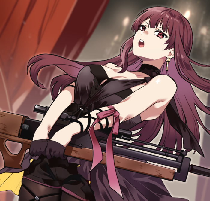 1girl black_choker black_gloves black_shorts breasts bullpup choker dress earrings girls&#039;_frontline girls&#039;_frontline_2:_exilium gloves gun half_gloves holding holding_gun holding_weapon jewelry long_hair looking_at_viewer makiatto_(girls&#039;_frontline_2) official_alternate_costume open_mouth purple_dress purple_hair red_eyes rifle shorts skindentation sniper_rifle solo teeth upper_teeth_only wa2000_(ballroom_interlude)_(girls&#039;_frontline) wa2000_(girls&#039;_frontline) walther walther_wa_2000 weapon wm_(chawoo1357)