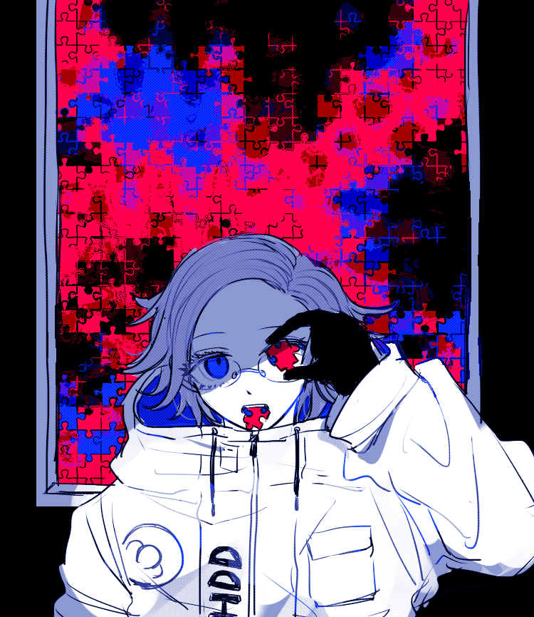 1boy aotsuki_eito black_gloves blue_eyes breast_pocket covering_one_eye drawstring glasses gloves grey_hair hand_up holding holding_puzzle_piece jacket jigsaw_puzzle looking_at_viewer male_focus moicoinu picture_frame pocket puzzle puzzle_piece short_hair solo the_hundred_line_-last_defense_academy- white_jacket zipper