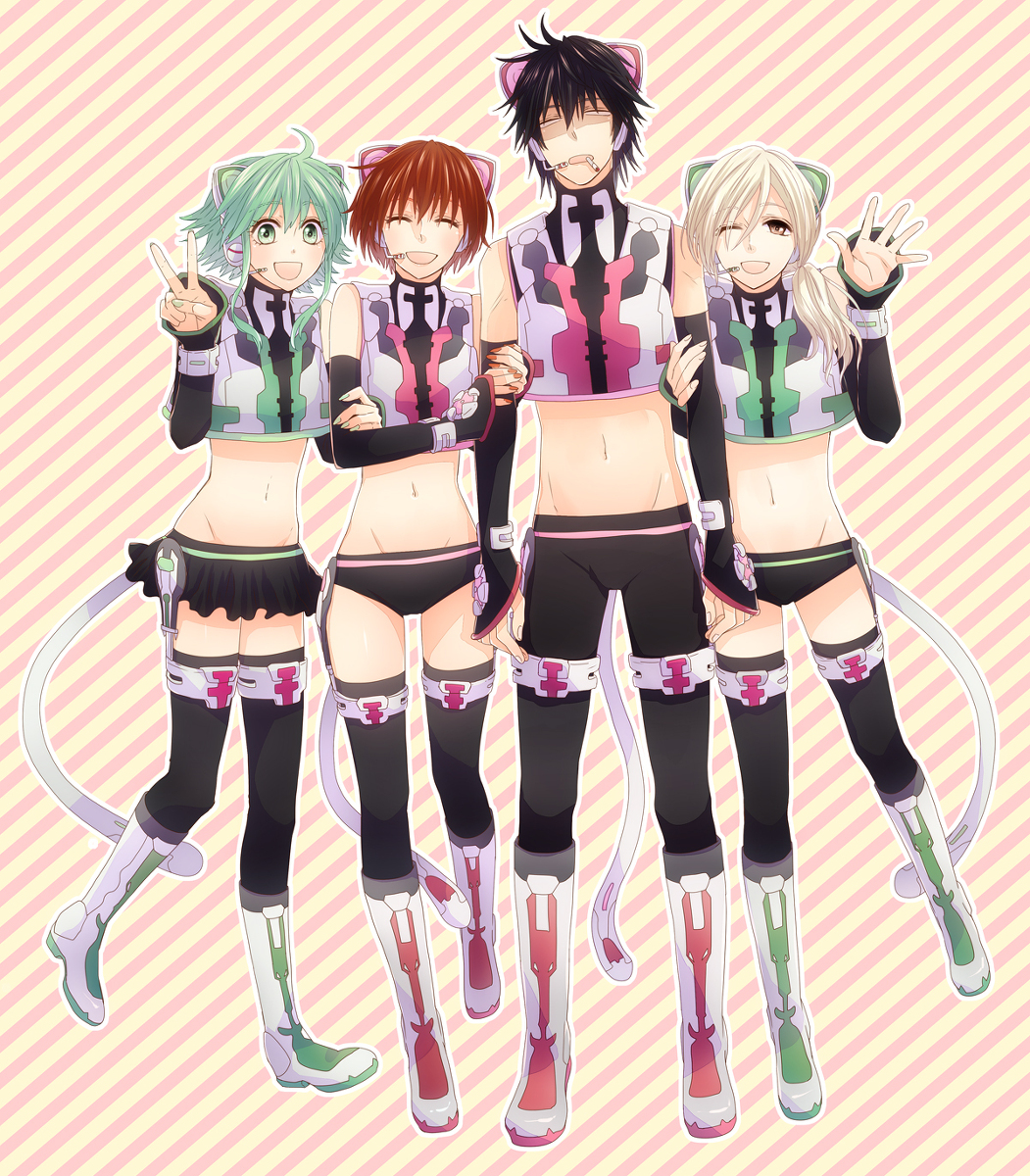 1boy 3girls animal_ears bad_id bad_pixiv_id black_hair black_legwear blonde_hair boots brown_eyes brown_hair cat_ears cigarette closed_eyes flat_chest girl_sandwich green_eyes green_hair gumi highres image_sample irono_(irtyu) kaito_(neko_cyber)_(vocaloid) kaito_(vocaloid) lily_(vocaloid) long_hair master meiko_(vocaloid) multiple_girls navel one_eye_closed pimp pixiv_sample project_diva project_diva_(series) project_diva_2nd resized sandwiched short_hair skirt thighhighs v vocaloid wink
