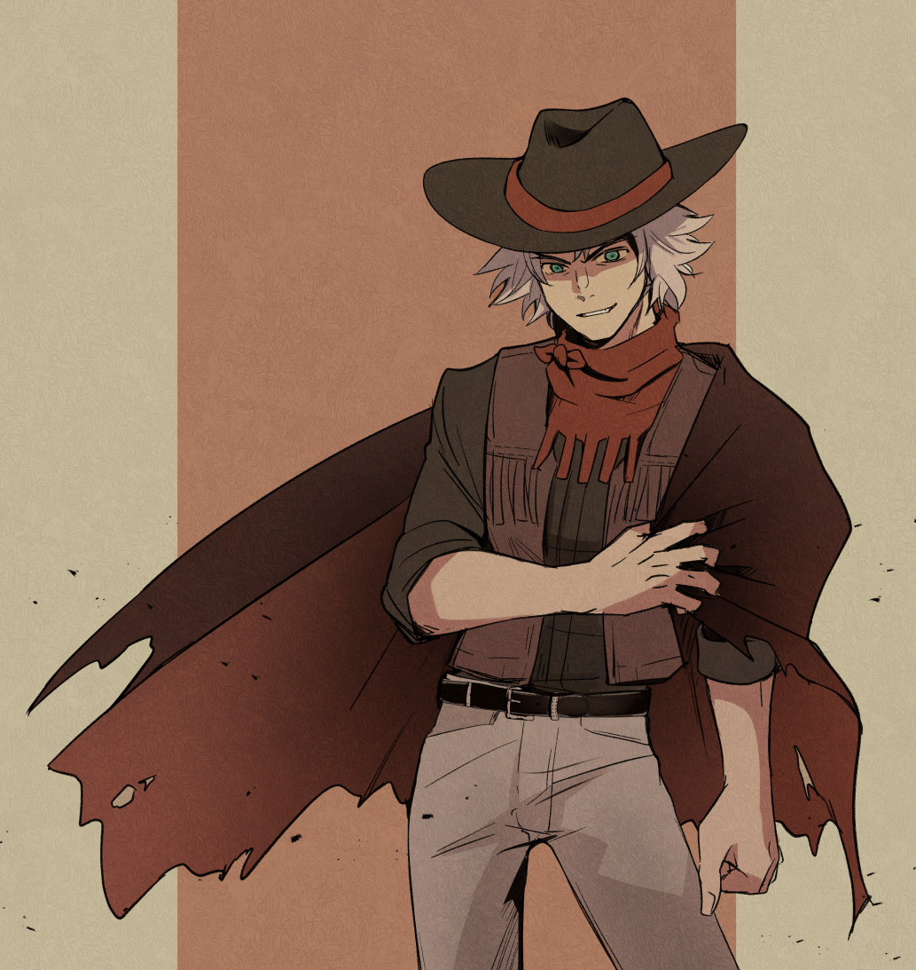 1boy arm_at_side bandana belt black_belt black_hat black_shirt blue_eyes brown_vest cape classicaloid cowboy cowboy_hat eyelashes grey_pants hat kusano_gurima ludwig_van_beethoven_(classicaloid) male_focus pants pillarboxed red_bandana shaded_face shirt short_hair solo vest western white_hair