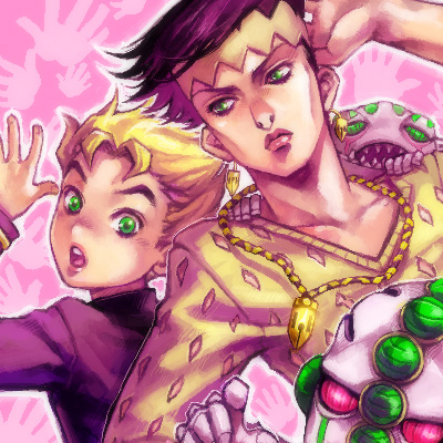 2boys back-to-back black_hair blonde_hair cheap_trick_(stand) earrings echoes_(stand) echoes_act3 gakuran green_eyes handprint headband hirose_koichi jewelry jojo_no_kimyou_na_bouken kishibe_rohan lowres multiple_boys necklace open_mouth school_uniform short_hair stand_(jojo) tetsukuzu_tetsuko
