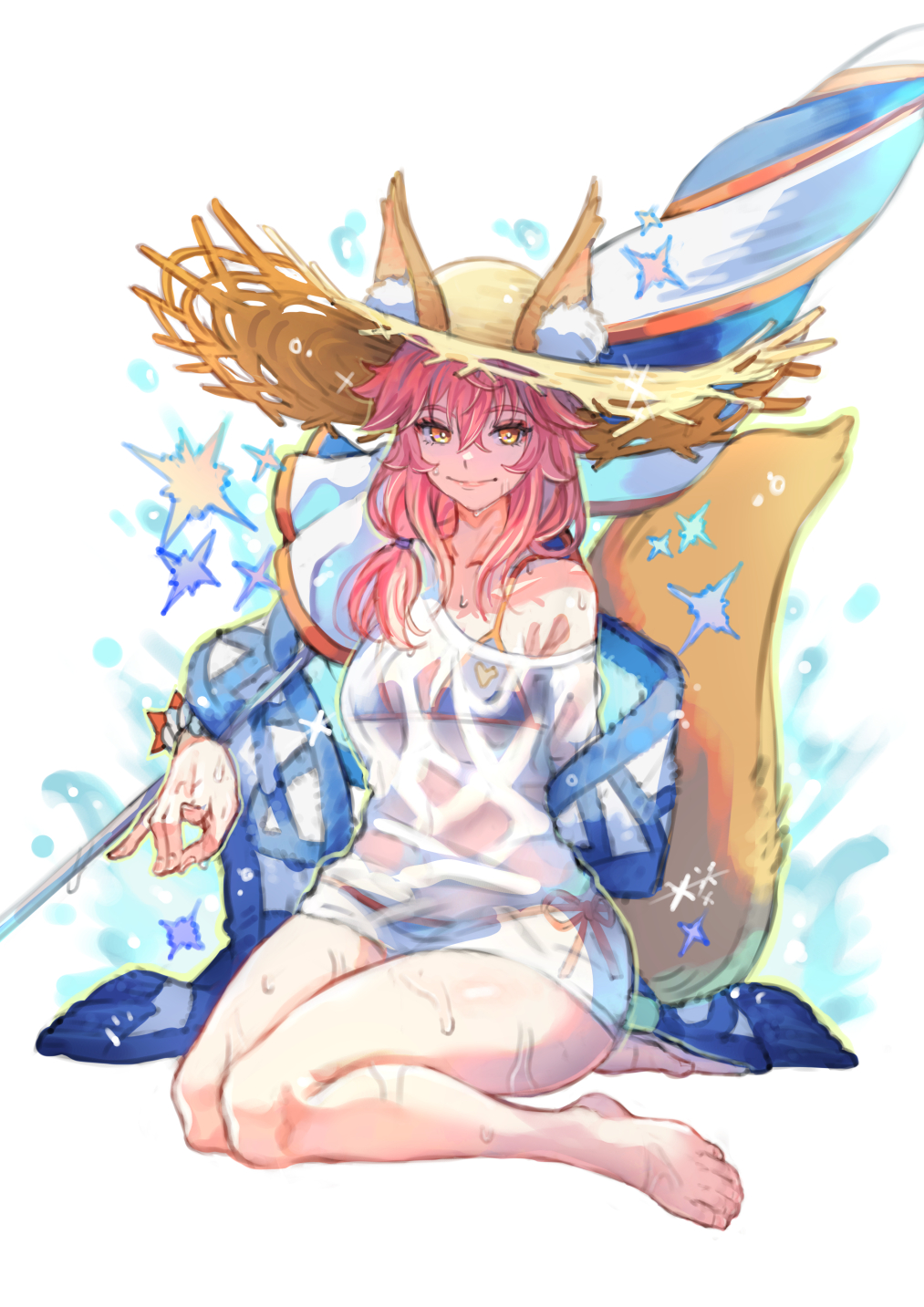 1girl animal_ear_fluff animal_ears barefoot bikini blue_bikini blush bracelet breasts fate/grand_order fate_(series) fox_ears fox_girl fox_tail hat highres jewelry large_breasts long_hair looking_at_viewer pink_hair shirt short_sleeves sidelocks smile solo straw_hat swimsuit tail tamamo_(fate) tamamo_no_mae_(fate) tamamo_no_mae_(swimsuit_lancer)_(fate) tamamo_no_mae_(swimsuit_lancer)_(first_ascension)_(fate) ugo_(artist) umbrella white_shirt yellow_eyes