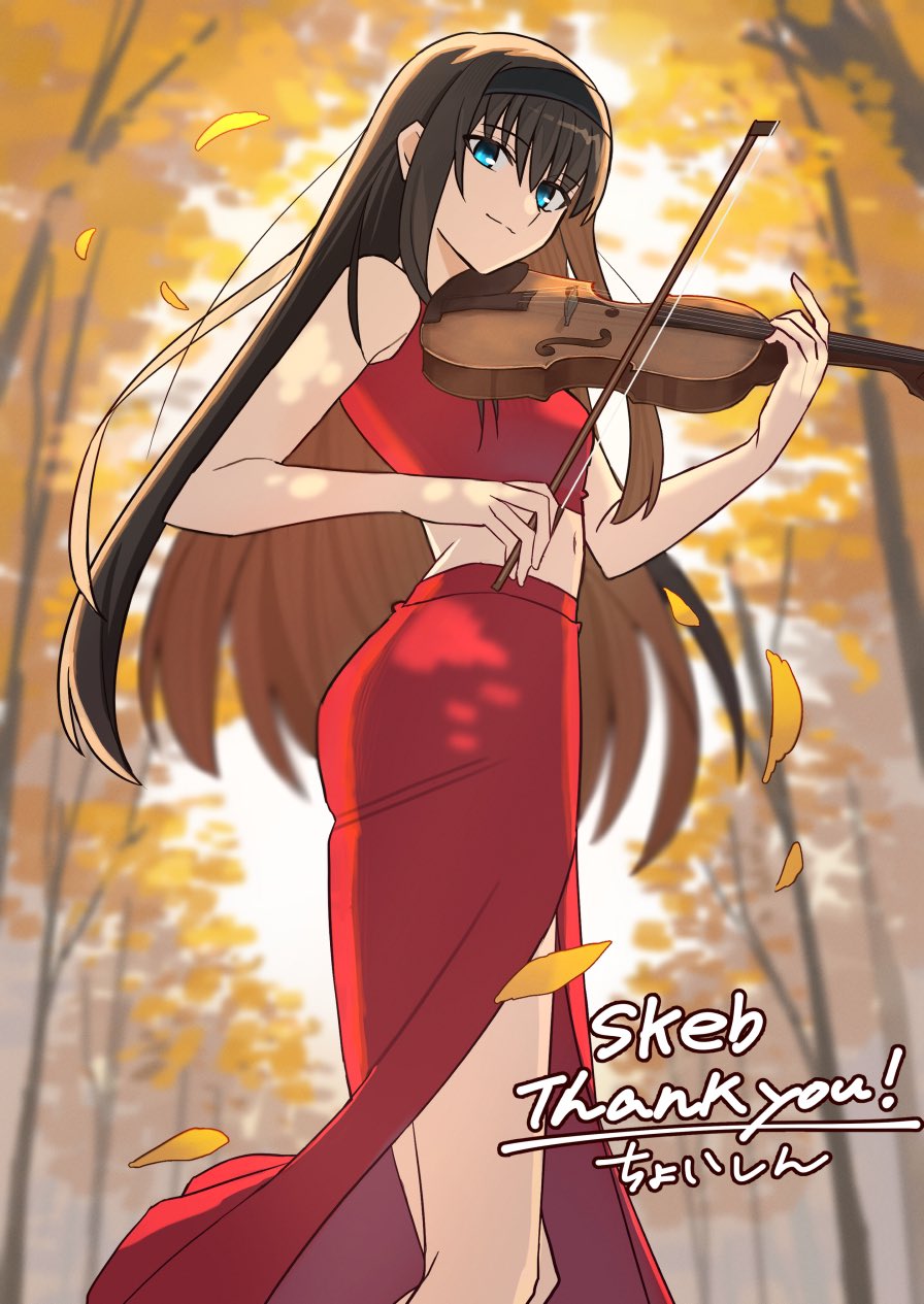 1girl bare_shoulders black_hair blue_eyes breasts commission dress forest highres holding holding_instrument holding_violin instrument leaf long_hair looking_at_viewer nature navel red_dress shintyoi2 signature skeb_commission small_breasts solo tohno_akiha tsukihime violin