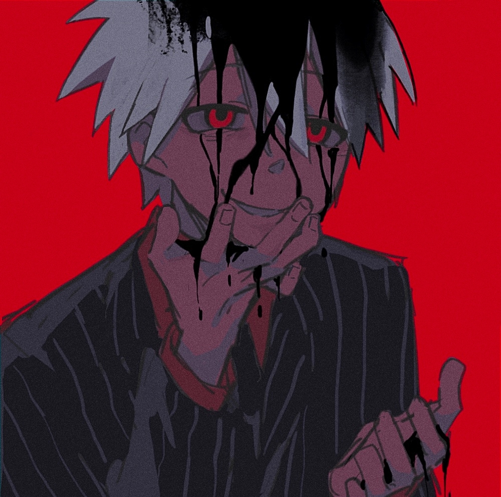 1boy black_jacket black_liquid black_necktie chinese_commentary commentary_request film_grain grin hand_on_own_chin hand_up jacket long_sleeves male_focus necktie red_background red_eyes red_shirt rice_(somasuki_77) shirt short_hair simple_background smile solo soul_eater soul_evans striped_clothes striped_jacket upper_body vertical-striped_clothes vertical-striped_jacket white_hair