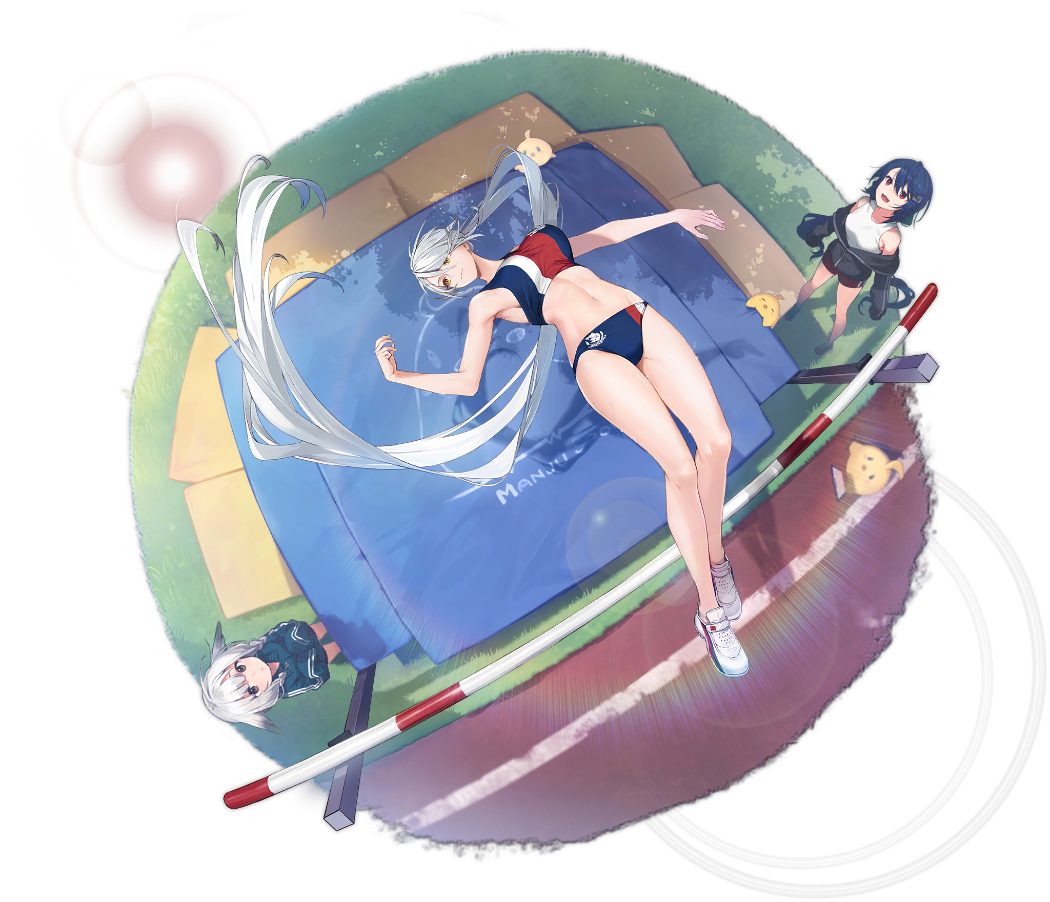 3girls allen_m._sumner_(azur_lane) animal artist_request azur_lane bare_arms bare_shoulders bird breasts character_request full_body highres kazagumo_(azur_lane) kirov_(azur_lane) kirov_(high_jump_star)_(azur_lane) long_hair manjuu_(azur_lane) medium_breasts multiple_girls navel off_shoulder official_art ponytail shoes simple_background sleeveless sneakers sports_bikini sports_bra sportswear stomach thighs transparent_background very_long_hair white_hair yellow_eyes