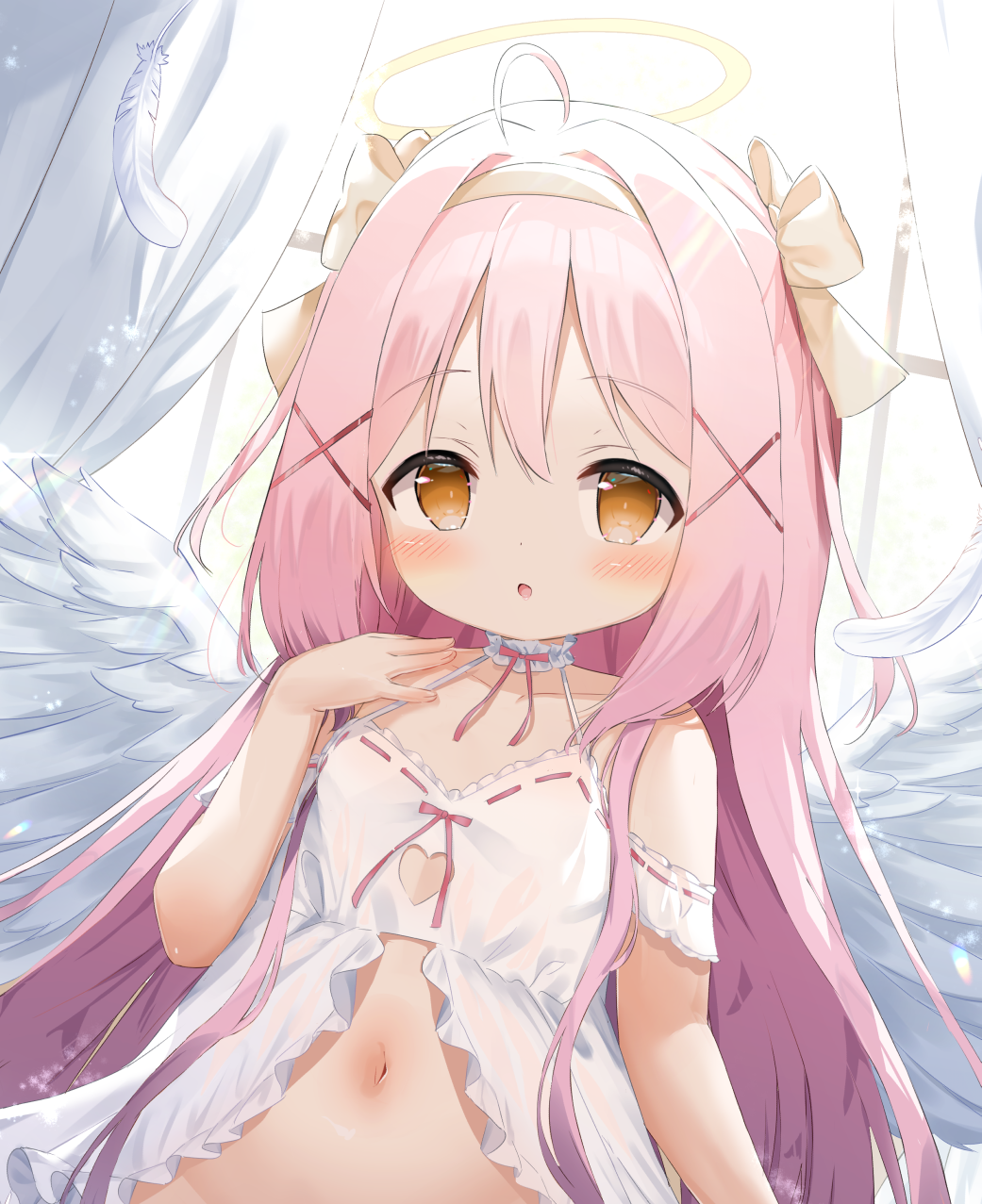 1girl :o ahoge babydoll bare_shoulders blush bow breasts brown_bow brown_eyes brown_hairband clothing_cutout commentary_request curtains day feathered_wings feathers hair_between_eyes hair_bow hair_intakes hair_ornament hairband hairclip halo hand_up heart_cutout highres indoors loli long_hair looking_at_viewer navel original parted_lips pink_hair siera_(sieracitrus) simple_background small_breasts solo sunlight very_long_hair white_background white_feathers white_wings window wings x_hair_ornament