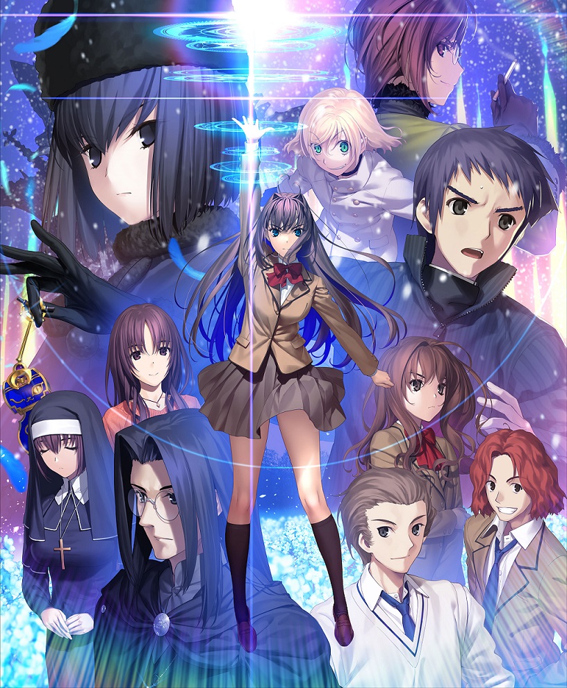 5boys 6+girls aozaki_aoko aozaki_touko aozaki_touko_(mahou_tsukai_no_yoru) arm_up black_cape black_capelet black_dress black_gloves black_hair black_headwear black_jacket black_shirt blazer blonde_hair blue_eyes blue_necktie bow bowtie brown_hair brown_jacket brown_skirt buttons cape capelet cigarette closed_eyes closed_mouth collared_shirt commentary cross cross_necklace dress english_commentary evil_smile feathers fumizuka_eiri fur-trimmed_headwear fur_collar fur_hat fur_trim glasses gloves green_dress green_eyes habit hair_between_eyes hair_intakes hat high_collar holding holding_cigarette jacket jewelry kinomi_housuke koyama_hirokazu kumari_kojika kuonji_alice latin_cross long_hair long_sleeves looking_at_viewer looking_away lugh_beowulf magic magic_circle mahou_tsukai_no_yoru multiple_boys multiple_girls necklace necktie nun official_art open_mouth pleated_skirt red_bow red_hair school_uniform shirt shizuki_soujuurou short_hair skirt smile suse_ritsuka suse_yuika teeth tsukiji_tobimaru upper_teeth_only ushanka vest wavy_hair white_jacket white_shirt white_vest zipper