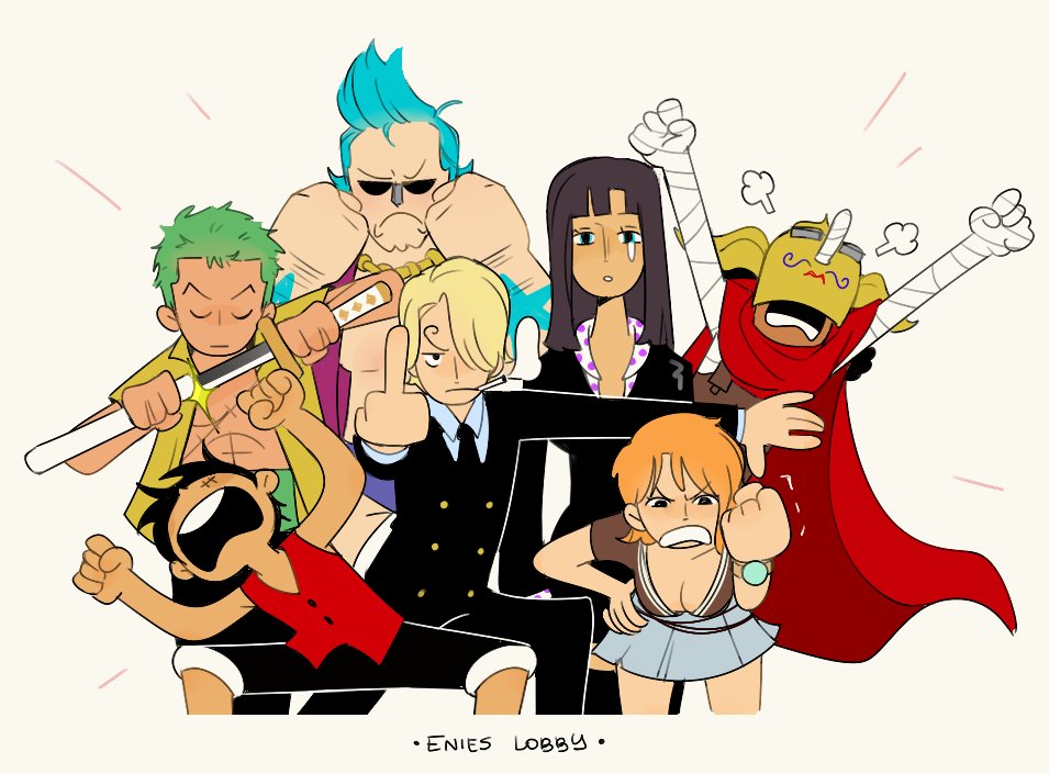 2girls 5boys black_dress black_hair black_suit blonde_hair blue_hair cape cesel clenched_hands closed_mouth commentary curly_eyebrows dress english_commentary formal_clothes franky_(one_piece) green_hair hand_on_own_hip holding holding_sword holding_weapon log_pose long_hair looking_at_viewer mask middle_finger monkey_d._luffy multiple_boys multiple_girls nami_(one_piece) nami_(one_piece)_(enies_lobby) nico_robin nico_robin_(water_7) one_piece orange_hair pompadour red_cape red_shirt roronoa_zoro sanji_(one_piece) shirt short_hair skirt sleeveless sogeking straw_hat_pirates suit sunglasses sword tears usopp weapon