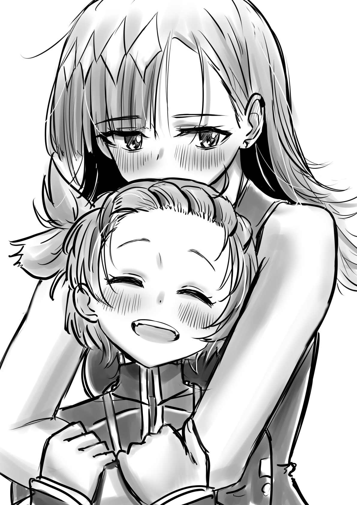 2girls :d asymmetrical_bangs blunt_bangs blush braid greyscale hakase_yurisuki highres holding_another&#039;s_arm looking_down medalist_(manga) monochrome multiple_girls okazaki_iruka open_mouth smile upper_body yuitsuka_inori