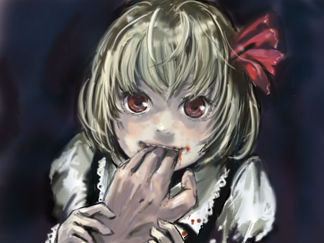 1girl biting blonde_hair blood embodiment_of_scarlet_devil female_focus hand_grab looking_at_viewer red_eyes ribbon rumia ryu_(gaquarium) short_hair solo_focus touhou