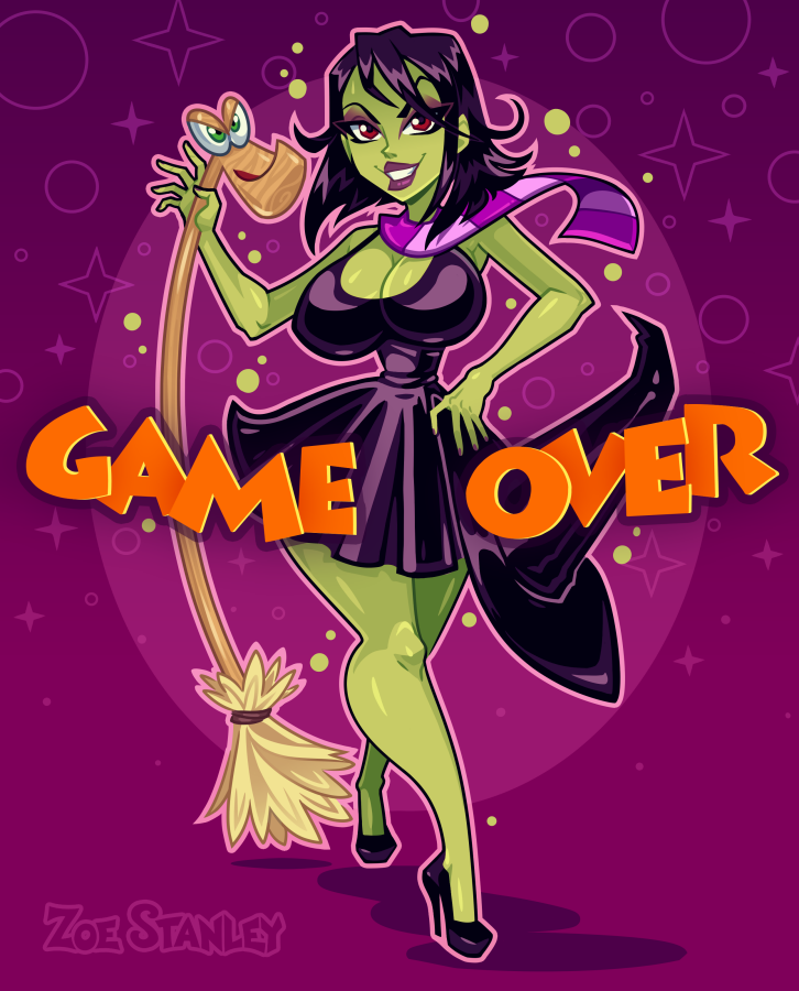 1girl banjo-kazooie black_dress black_hair bleedingpervert breasts broom cleavage colored_skin dress eyeshadow green_eyes green_skin gruntilda&#039;s_broomstick gruntilda_winkybunion hand_on_own_hip hat high_heels holding holding_broom large_breasts makeup medium_hair narrow_waist pink_background purple_lips red_eyes scarf smile solo walking wide_hips witch_hat