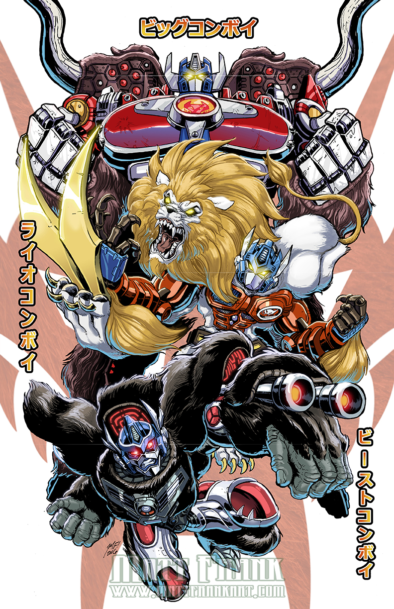 3boys alien beast_wars beast_wars_ii beast_wars_neo big_convoy claws glowing gorilla highres insignia lio_convoy lion matt_frank maximal mecha multiple_boys no_humans open_mouth optimus_primal red_eyes robot teeth transformers tusks weapon yellow_eyes