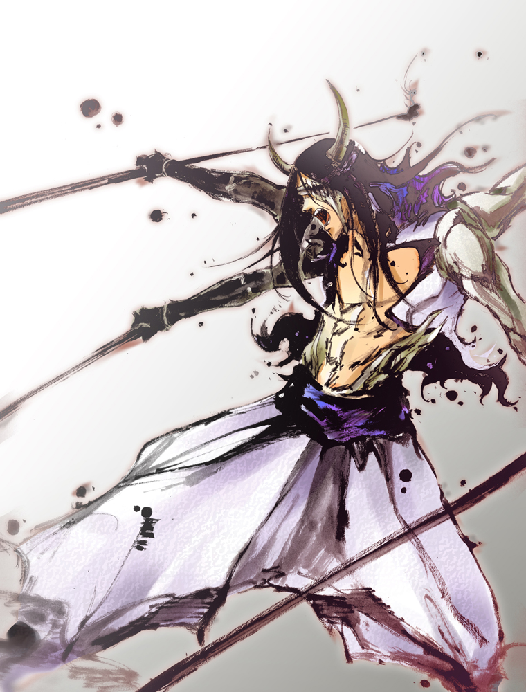 1boy abs black_hair bleach commentary_request demon_horns extra_arms feet_out_of_frame fighting_stance floating_hair from_side gradient_background grey_background holding holding_weapon horns ikuyoan long_hair male_focus multiple_wielding nnoitra_gilga one_eye_covered open_clothes open_mouth open_shirt pants profile quadruple_wielding shirt simple_background solo standing teeth upper_teeth_only weapon white_background white_pants white_shirt