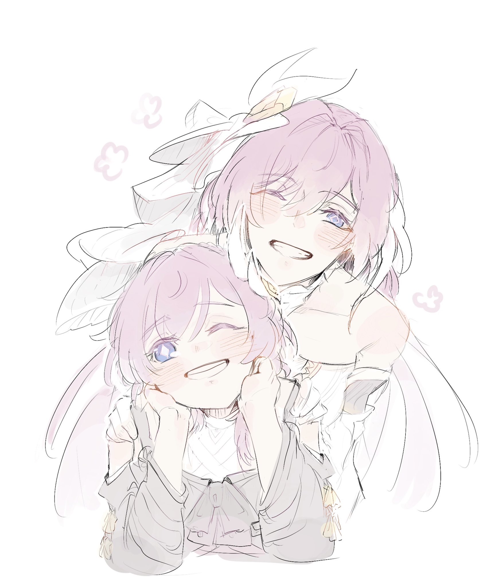 2girls ;o blue_eyes commentary company_connection cropped_torso cyrene_(honkai:_star_rail) diamond-shaped_pupils diamond_(shape) elysia_(herrscher_of_human:_ego)_(honkai_impact) elysia_(honkai_impact) english_commentary hair_ornament hand_on_another's_shoulder highres honkai:_star_rail honkai_(series) honkai_impact_3rd inoue_marina long_hair multiple_girls one_eye_closed pink_hair purple_eyes rhcanaanaa short_hair simple_background smile symbol-shaped_pupils trait_connection veil very_long_hair voice_actor_connection white_background white_veil yanning
