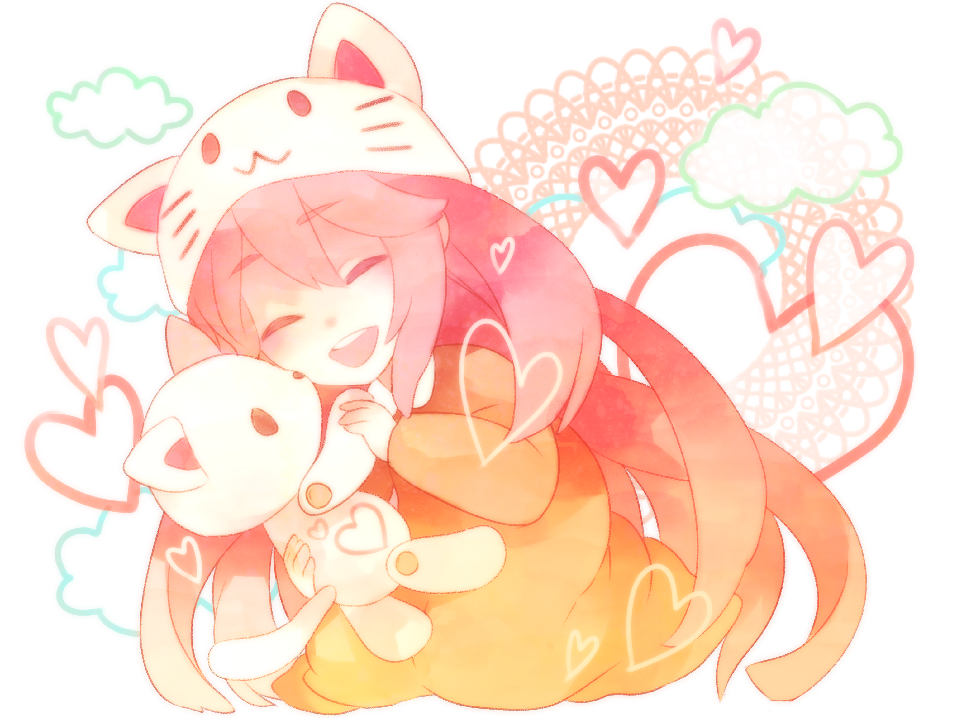 1girl :3 animal_ears animal_hat bad_id bad_pixiv_id cat female_focus hat highres long_hair macco megurine_luka megurine_luka_(toeto) pink_hair smile solo stuffed_animal stuffed_toy toeto_(vocaloid) transparent_background vocaloid