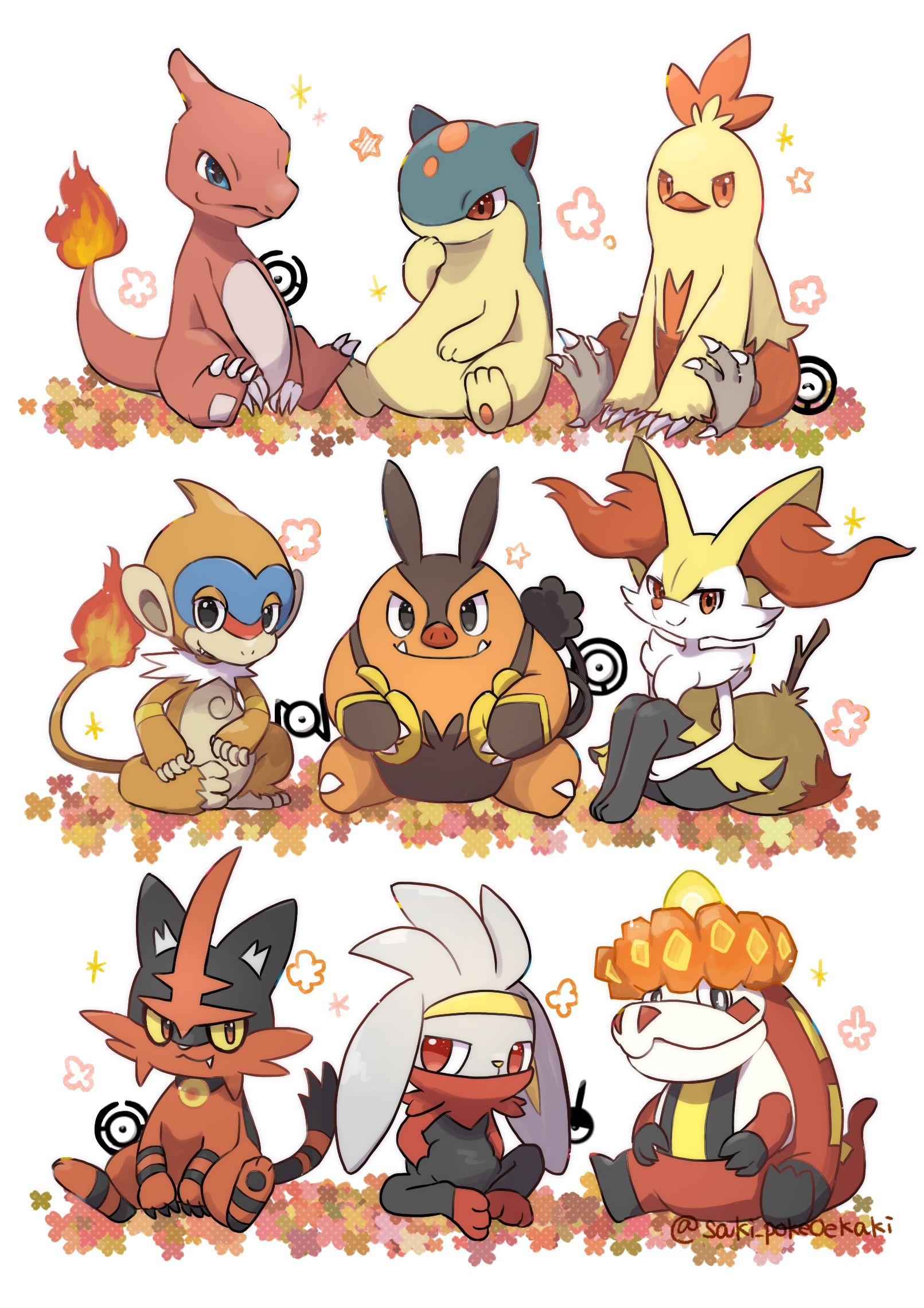 animal_focus braixen charmeleon closed_mouth colored_sclera combusken crocalor fangs fire flame-tipped_tail game_freak gen_1_pokemon gen_2_pokemon gen_3_pokemon gen_4_pokemon gen_5_pokemon gen_6_pokemon gen_7_pokemon gen_8_pokemon highres looking_at_viewer monferno nintendo no_humans orange_eyes pignite pokemon pokemon_(creature) quilava raboot red_eyes saki_pokeoekaki simple_background sitting smile torracat twitter_username unown unown_! unown_h unown_o white_background yellow_sclera