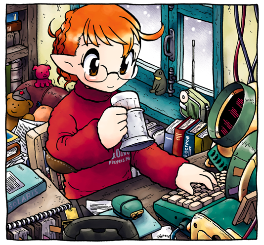 1girl ahoge alien androgynous apartment bedroom book brown_eyes cable chair computer_keyboard copyright_name cup desk drinking gender_request genderswap glasses hayami_rasenjin monitor mousepad_(object) mug notebook oekaki orange_hair original otaku personal_terminal phone pointy_ears radio radio_antenna room science_fiction sitting slice_of_life snowing solaris_(stanislaw_lem) soviet stanislaw_lem_(person) stuffed_animal stuffed_toy sweater teddy_bear toy window writing