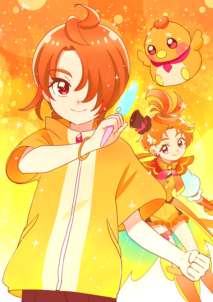 1boy ahoge bird black_hat blurry bokeh boots bracelet brooch casual clenched_hand closed_mouth coattails commentary cure_wing depth_of_field earrings feather_hair_ornament feathers frilled_shorts frills gloves hair_ornament hat highres hirogaru_sky!_precure holding holding_pen jacket jewelry knee_boots kyanos_(b_0000ff) layered_gloves leaning_forward leg_ribbon long_hair looking_at_viewer low_ponytail magical_boy male_focus mini_hat mini_top_hat mirage_pen multiple_views orange_background orange_boots orange_gloves orange_hair orange_jacket orange_shorts orange_theme orange_vest pen ponytail precure puffy_short_sleeves puffy_sleeves red_eyes red_ribbon ribbon short_shorts short_sleeves shorts smile sparkle standing tilted_headwear top_hat vest wing_brooch yuunagi_tsubasa yuunagi_tsubasa_(bird)
