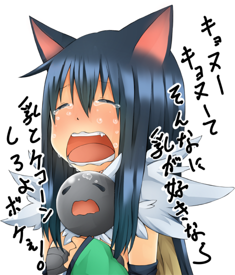1girl alchemist_(ragnarok_online) animal_ears black_hair blush brown_cape cape cat_ears cat_girl closed_eyes commentary_request crying detached_sleeves fur_collar green_sleeves long_hair meiko_(nattu303) open_mouth ragnarok_online simple_background solo translation_request upper_body white_background