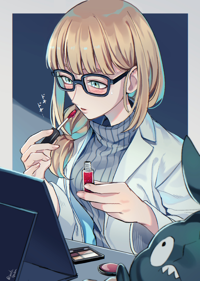 1girl aged_down applying_makeup black-framed_eyewear blonde_hair blush commentary_request compact_(cosmetics) cosmetics fingernails gen_5_pokemon glasses green_eyes grey_sweater hands_up holding janis_(hainegom) lab_coat lipstick_tube long_hair long_sleeves makeup nintendo oleana_(pokemon) pokemon pokemon:_twilight_wings pokemon_(creature) pokemon_swsh sweat sweater translation_request trubbish