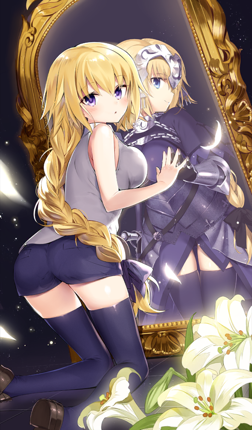 2girls :o armor armored_dress ass belt black_belt black_bow black_shorts black_thighhighs blonde_hair blue_eyes blush bow braid breast_press brown_footwear capelet closed_mouth commentary different_reflection dress fate/apocrypha fate/grand_order fate_(series) flower_request gauntlets hair_between_eyes hair_bow hanabana_tsubomi hand_on_mirror headpiece jeanne_d&#039;arc_(fate) jeanne_d&#039;arc_(ruler)_(fate) kneeling laeticia_(fate) loafers long_hair looking_at_viewer mirror multiple_girls official_art parted_lips petals pocket purple_capelet purple_dress purple_eyes reflection sheath sheathed shirt shoes short_shorts shorts single_braid sleeveless sleeveless_shirt sword thighhighs third-party_source very_long_hair weapon white_shirt