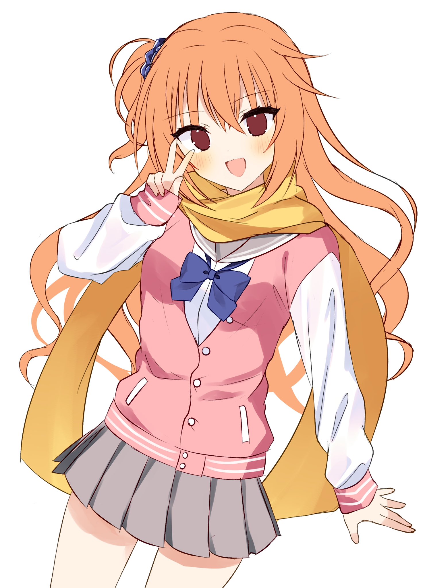 1girl :d aiyan arm_at_side blue_bow blue_scrunchie blush bow commentary_request cowboy_shot eyelashes eyes_visible_through_hair floating_hair grey_sailor_collar grey_skirt hair_between_eyes hair_ornament hair_scrunchie hand_up happy head_tilt highres inaba_meguru jacket letterman_jacket long_hair long_sleeves looking_at_viewer miniskirt one_side_up open_mouth orange_hair pink_jacket pleated_skirt red_eyes sailor_collar sanoba_witch scarf scrunchie simple_background sketch skirt sleeves_past_wrists smile solo standing v v_over_eye wavy_hair white_background white_sleeves yellow_scarf