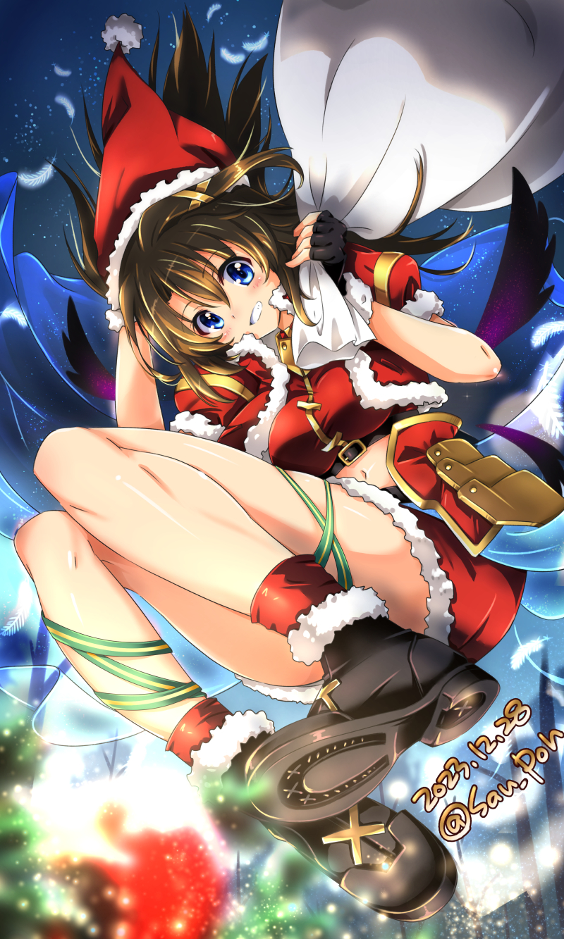 1girl blue_eyes brown_hair christmas dated highres looking_at_viewer lyrical_nanoha mahou_shoujo_lyrical_nanoha medium_hair san-pon santa_costume smile solo yagami_hayate