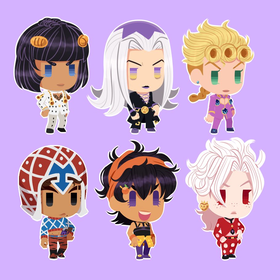 6+boys argyle_clothes argyle_hat argyle_sweater black_eyes black_hair black_necktie blonde_hair blue_eyes bob_cut braid bruno_bucciarati chibi chibi_only cleavage_cutout clothing_cutout commentary dark-skinned_male dark_skin earrings english_commentary eveningeden flat_color food-themed_earrings giorno_giovanna green_eyes guido_mista gun hair_ornament hairband hairclip hand_on_own_hip handgun hat jacket jewelry jojo_no_kimyou_na_bouken ladybug_ornament leone_abbacchio long_hair makeup male_focus miniskirt multiple_boys narancia_ghirga necktie open_mouth orange_hairband pannacotta_fugo pants pink_jacket pink_pants purple_background purple_eyes purple_hat purple_lips red_eyes red_hat red_jacket red_pants revolver single_braid skirt smile striped_clothes striped_pants sweater vento_aureo weapon white_hair white_jacket white_pants yellow_skirt