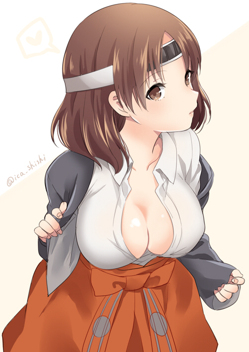 10s 1girl blouse blue_jacket breasts brown_eyes brown_hair chiyoda_(kancolle) cleavage collarbone cowboy_shot eyebrows female_focus hakama hakama_skirt headband heart ica jacket japanese_clothes kantai_collection large_breasts long_sleeves looking_at_viewer multicolored_background no_bra orange_hakama parted_lips shirt short_hair skirt solo speech_bubble spoken_heart twitter_username two-tone_background white_shirt