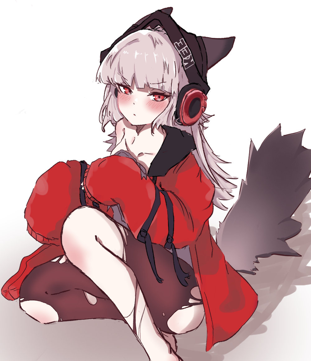 1girl animal_ears arknights bare_shoulders black_hat black_tail blush brown_pantyhose closed_mouth clothes_writing commentary ears_through_headwear frostleaf_(arknights) grey_hair hat headphones jacket lalalaharu18496 long_hair looking_at_viewer off_shoulder pantyhose red_eyes red_jacket simple_background sitting sleeves_past_fingers sleeves_past_wrists solo strap tail torn_clothes torn_pantyhose white_background