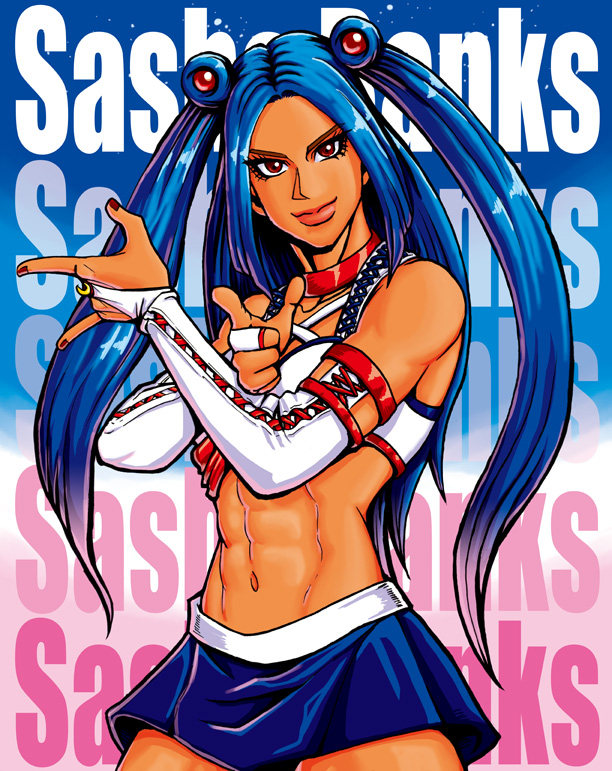 1girl abs adapted_costume bishoujo_senshi_sailor_moon blue_hair blue_skirt breasts bridal_gauntlets brown_eyes character_name collar commentary_request cosplay crop_top double_bun hair_bun hozun1985 midriff miniskirt nail_polish navel pink_lips red_collar sailor_moon sailor_moon_(cosplay) sasha_banks skirt small_breasts smile solo tan toned toned_female tsuki_ni_kawatte_oshioki_yo two_side_up wwe