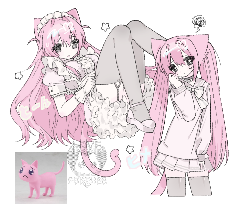 1girl bow bowtie breasts brown_thighhighs closed_mouth dress frilled_dress frills long_hair looking_at_viewer lowres maid maid_headdress medium_breasts multiple_views needy_girl_overdose personification pien_cat_(needy_girl_overdose) pink_eyes pink_hair school_uniform serafuku shirt squiggle tears thighhighs twintails u_emper very_long_hair white_bow white_bowtie white_shirt