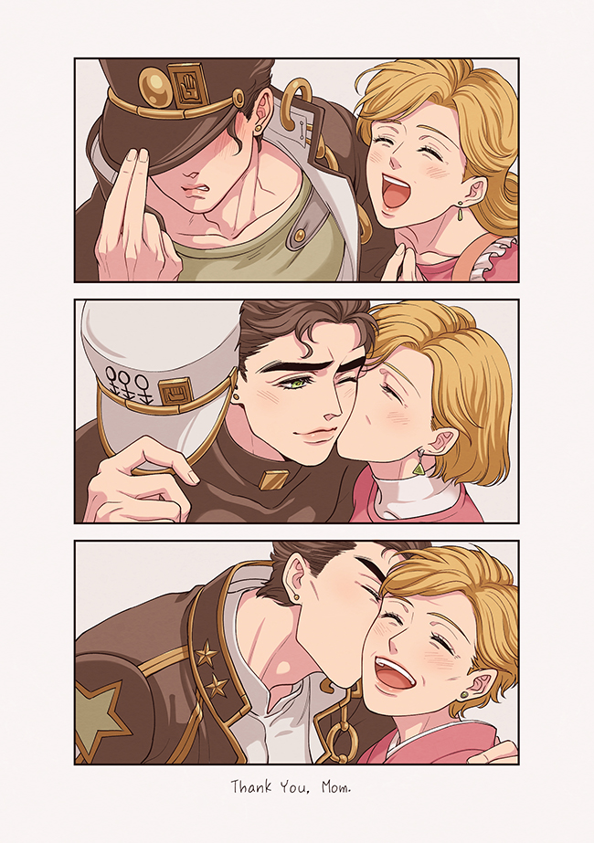 1boy 1girl 3koma adjusting_clothes adjusting_headwear age_progression aged_up apron black_hair blush brown_hair cheek_kiss comic diamond_wa_kudakenai double_cheek_kiss duplicate earrings english_text green_eyes hat hetero japanese_clothes jewelry jojo_no_kimyou_na_bouken kimono kiss kissing_cheek kuujou_holly kuujou_joutarou lanxjourney mother_and_son old old_woman one_eye_closed pixel-perfect_duplicate stardust_crusaders stone_ocean