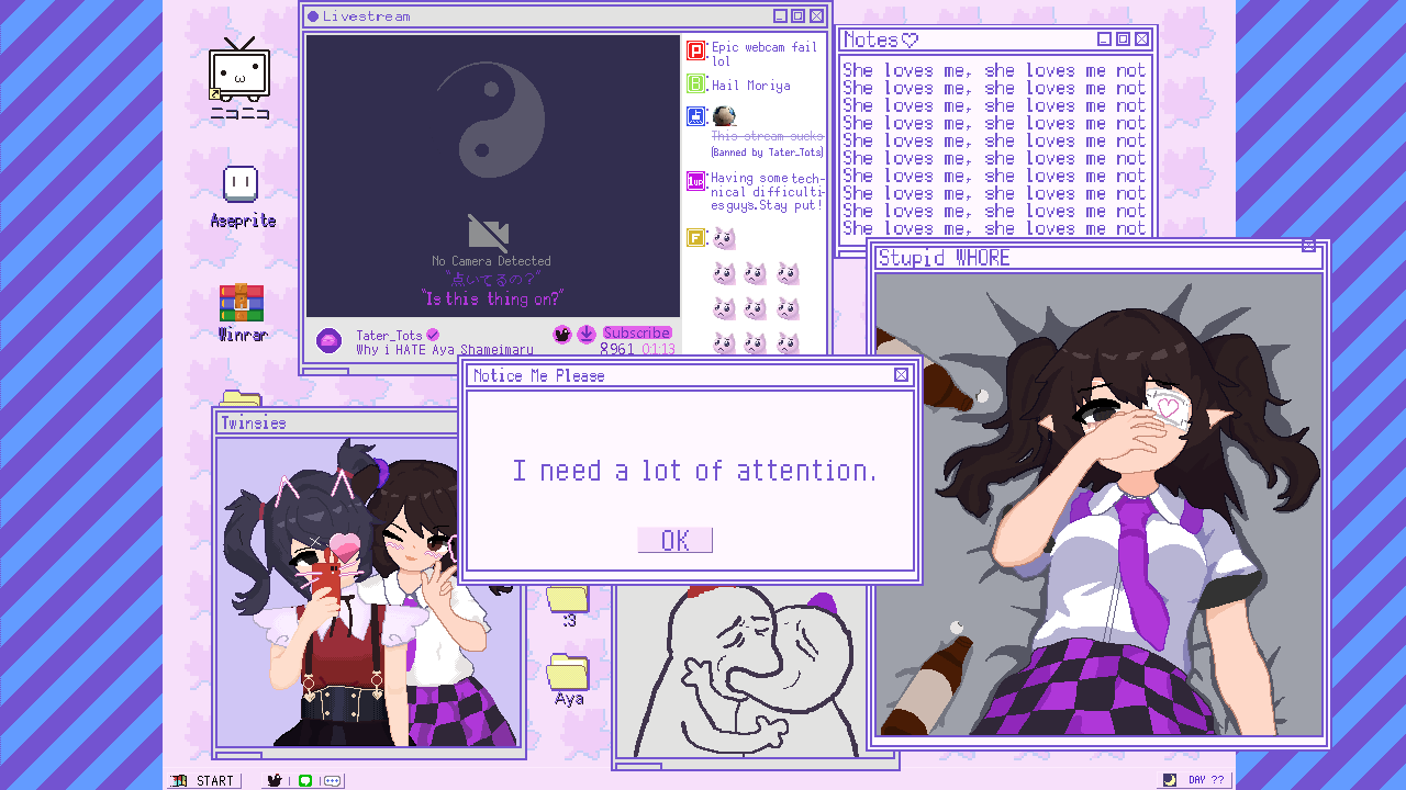 1up 2girls ame-chan_(needy_girl_overdose) aseprite_(software) black_eyes black_hair black_skirt bomb_item_(touhou) brown_eyes brown_hair checkered_clothes checkered_skirt chuunibyou cirno collared_shirt commentary cowboy_shot crossover custard_flan english_text eyepatch fumo_(doll) himekaidou_hatate long_hair looking_at_viewer medical_eyepatch meme microsoft_windows multiple_girls necktie needy_girl_overdose niconico one_eye_closed open_mouth p-chan pixel_art point_item_(touhou) pointy_ears power_item_(touhou) purple_necktie purple_skirt red_shirt selfie shirt short_sleeves skirt smile suspender_skirt suspenders terebi-chan touhou twintails w white_shirt window_(computing) windows_98 windows_classic winrar yin_yang yoshi_and_toad_kissing_(meme)