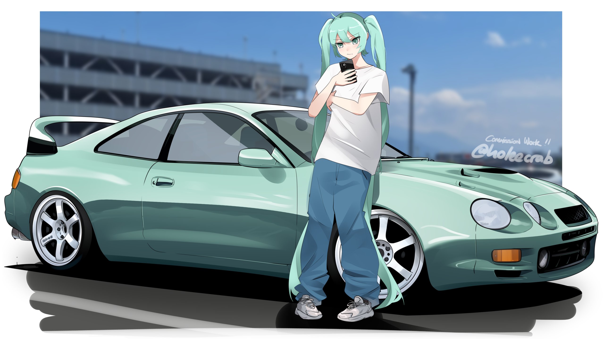 1girl aqua_car aqua_eyes aqua_hair blue_pants border car cellphone cloud collarbone commentary commission english_commentary hatsune_miku highres holding holding_phone holeecrab long_hair pants phone shadow shirt sky smartphone solo spoiler_(automobile) sweatpants toyota toyota_celica toyota_celica_t200 twitter_username vehicle_focus very_long_hair vocaloid white_border white_footwear white_shirt
