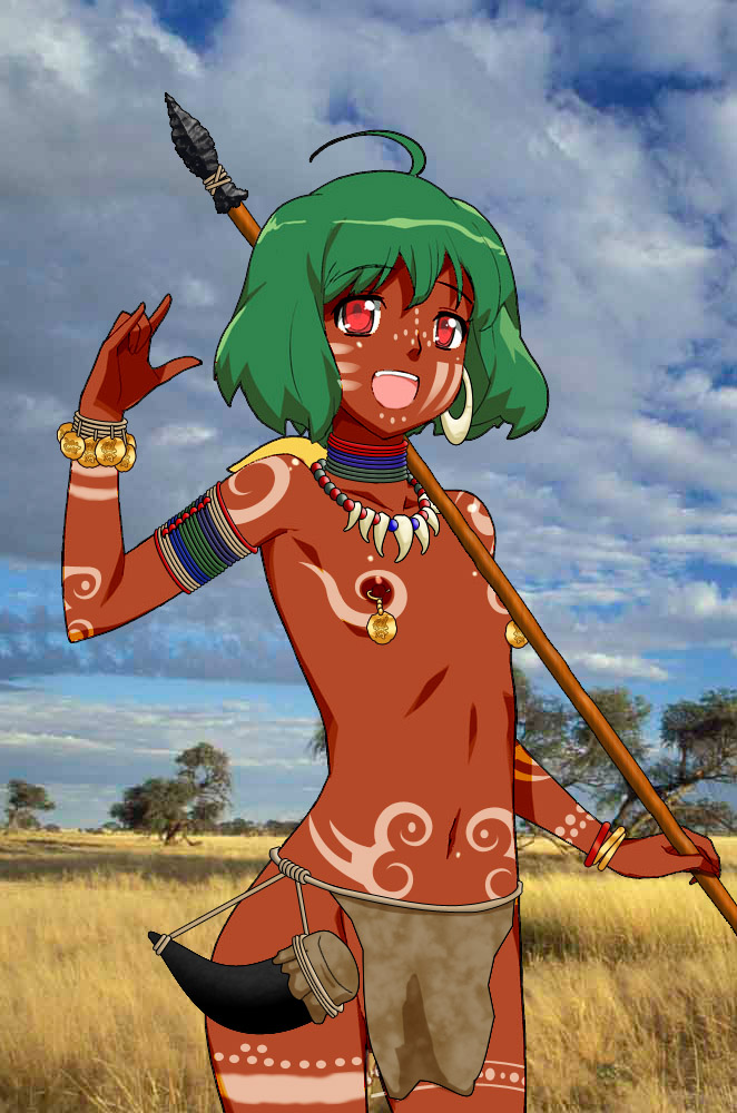 00s africa african_clothes ahoge alternate_skin_color armlet bangle bodypaint bracelet dark_nipples dark_skin earrings flat_chest green_hair hoop_earrings jewelry loincloth looking_at_viewer macross macross_frontier neck_ring necklace nipple_piercing nipple_rings nipples piercing polearm powder_horn ranka_lee red_eyes salute savannah spear third-party_edit tooth_necklace tribal tribal_clothes tribal_girl tribal_print weapon