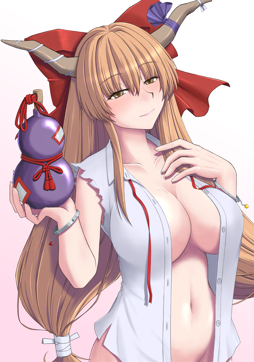1girl blonde_hair blush bow breasts brown_horns collarbone gourd hair_bow highres horn_bow horn_ornament horn_ribbon horns ibuki_suika large_breasts long_hair midriff ribbon sleeveless solo touhou vision_(gruene)