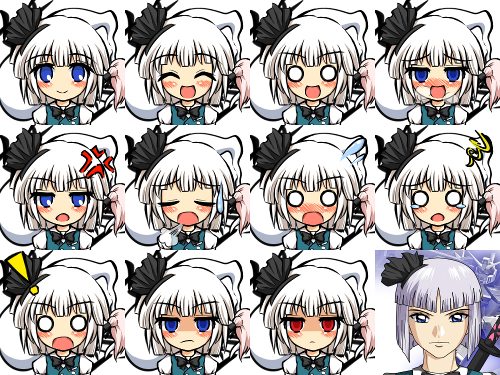 ! 1girl :d anger_vein bad_id bad_pixiv_id blue_eyes blush bow bowtie duel_gundam multiple_expressions closed_eyes faceset female_focus gundam gundam_seed hairband kisaragi_zwei konpaku_youmu konpaku_youmu_(ghost) md5_mismatch mecha o_o open_mouth parody red_eyes robot short_hair smile style_parody sweatdrop tassel touhou white_hair yzak_joule