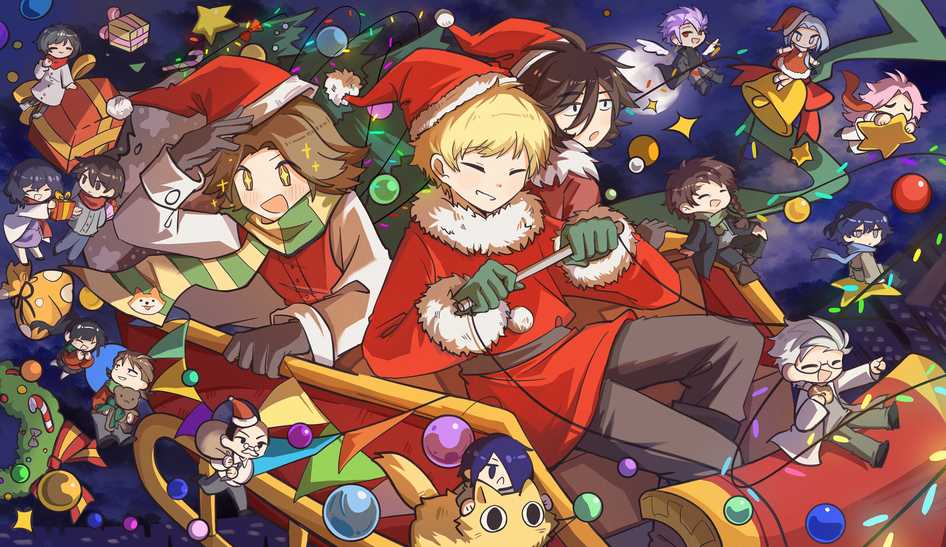 +_+ 4girls 6+boys :d aiba_ibuki alternate_costume antenna_hair atou_haruki belt black_boots black_coat black_hair black_pants black_shirt black_shoes blonde_hair blue_eyes blue_hair blue_pants blue_scarf blush boots braid brown_boots brown_eyes brown_hair bunting candy candy_cane cat chibi chinese_commentary christmas christmas_lights christmas_tree christmas_tree_ornament closed_eyes closed_mouth coat collared_shirt commentary_request detached_wings donut dress earrings enomoto_noa everyone expressionless food frown full_moon fur-trimmed_dress fur-trimmed_jacket fur-trimmed_sleeves fur_trim fur_wrist_cuffs gift glasses gloves green_gloves green_pants green_scarf grey_belt grey_coat grey_eyes grey_gloves grey_hair grey_jacket grey_necktie grey_pants grey_shirt grin hair_over_one_eye hand_on_headwear hands_in_pockets harada_minoru hat hatsutori_hajime highres holding holding_food holding_gift holding_sack isoi_rai isoi_reiji jabuchi_you jacket jewelry jitome kanou_aogu kumazaki_karen kumazaki_riku kurachi_terumi long_hair long_sleeves medium_hair mini_person miniboy minigirl moon multiple_boys multiple_girls necktie night open_mouth outdoors pants parted_bangs pink_eyes pointing pom_pom_(clothes) ponytail purple_hair red_dress red_eyes red_hat red_jacket red_scarf red_vest rock_yin round_eyewear sack saibou_shinkyoku sanpaku santa_costume santa_dress santa_hat scar scar_on_face scar_on_forehead scarf semi-rimless_eyewear shinano_eiji shirt shoes short_hair side_braid sitting sleeveless sleeveless_dress sleigh smile star_(symbol) striped_clothes striped_scarf stuffed_animal stuffed_toy teddy_bear theodore_riddle tree-topper triangle_mouth two-tone_scarf u_u uri_(saibou_shinkyoku) utsugi_noriyuki vest white_coat white_pants white_shirt white_shoes white_wings wings wrist_cuffs yanagi_nina yellow_cat yellow_scarf