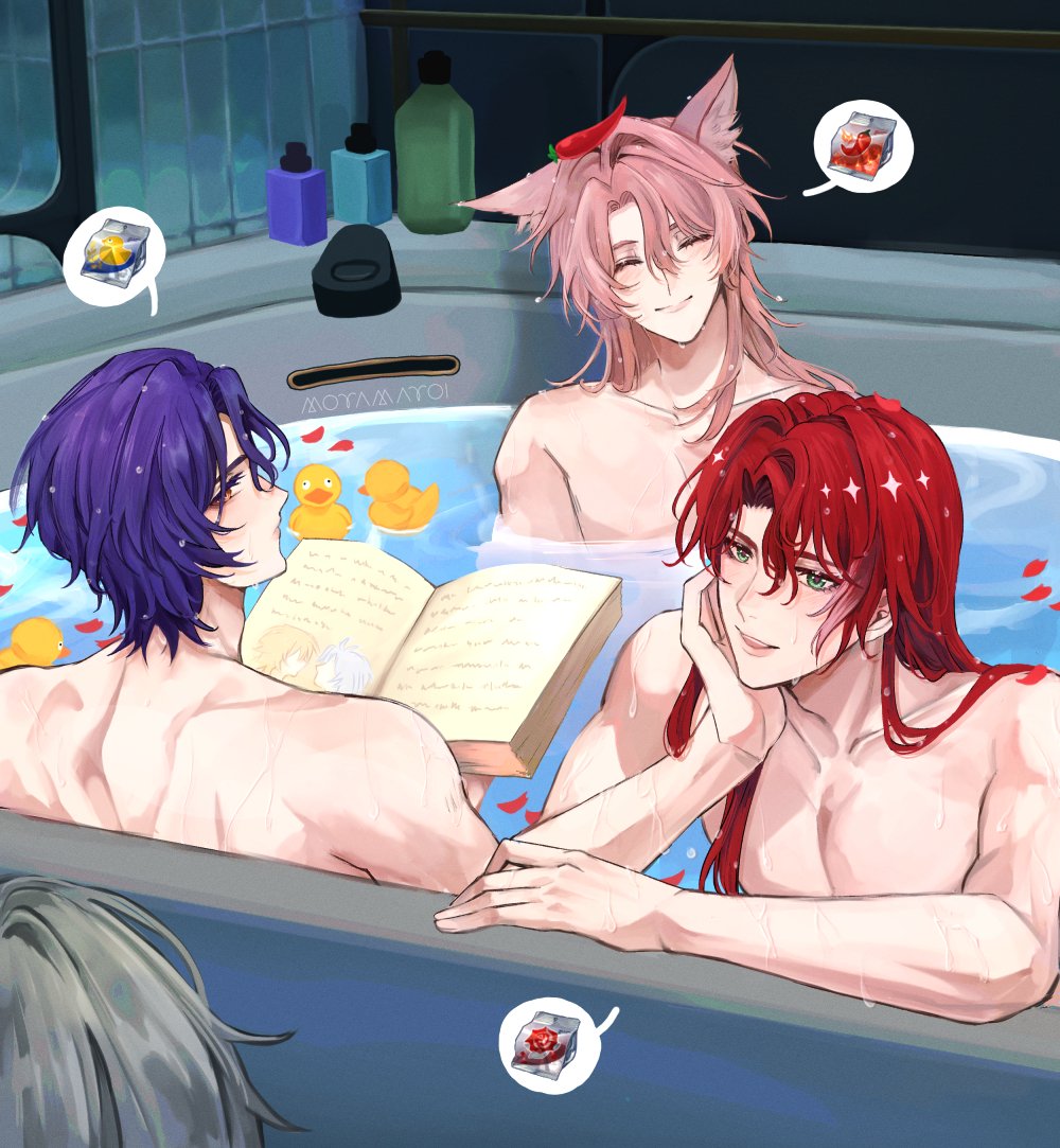3boys animal_ear_fluff animal_ears argenti_(honkai:_star_rail) back bath book brown_eyes closed_eyes closed_mouth curtained_hair dr._ratio&#039;s_book_(honkai:_star_rail) dr._ratio_(honkai:_star_rail) fox_boy fox_ears green_eyes hair_between_eyes holding holding_book honkai:_star_rail honkai_(series) jiaoqiu_(honkai:_star_rail) long_hair looking_back male_focus medium_hair moyamayoi multiple_boys muscular muscular_male open_book partially_submerged petals pink_hair purple_hair red_hair rose_petals rubber_duck same-sex_bathing shared_bathing short_hair smile wet