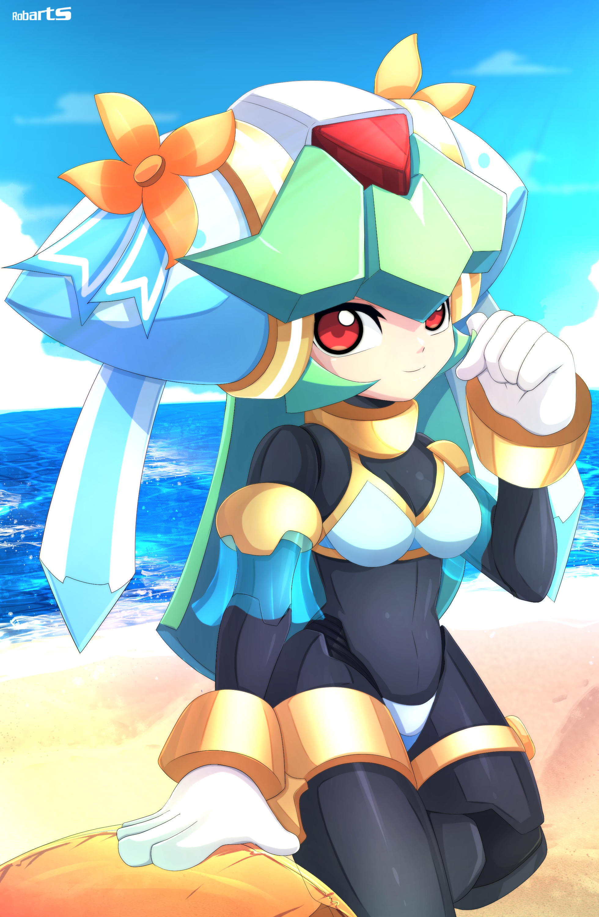 1girl absurdres alternate_costume artist_name axasempai beach bikini black_bodysuit bodysuit breasts flower_head green_hair helmet highres mechabare medium_breasts mega_man_(series) mega_man_zx model_w_(mega_man) ocean pandora_(mega_man) red_eyes sand sky smile solo swimsuit water white_bikini white_helmet